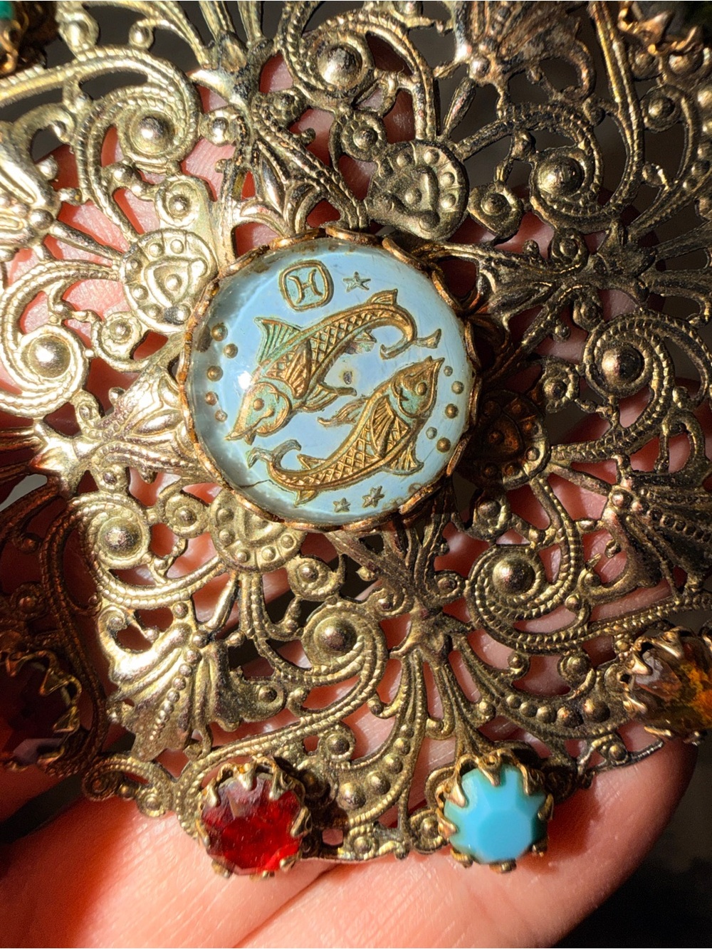 Source Unknown Gold Filigree Pisces Pendant with Blue, Turquoise & Red Accents